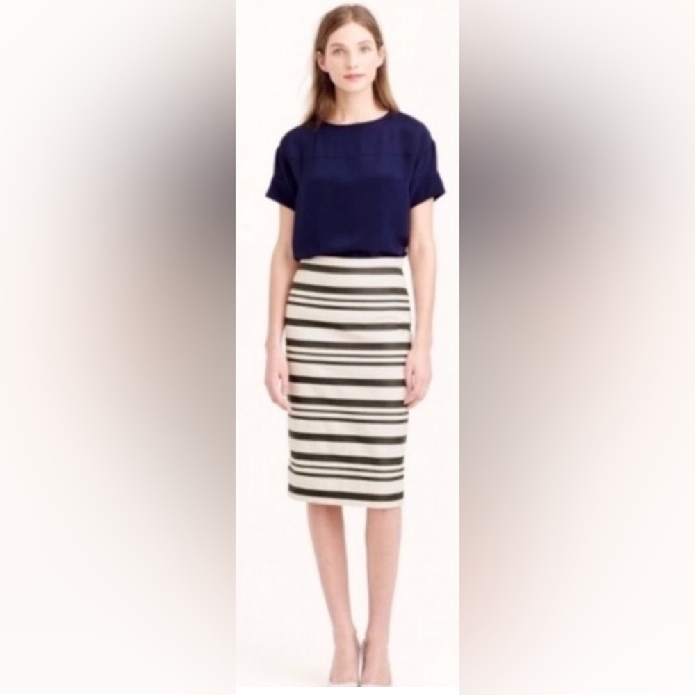 J. Crew Striped Black Cream knee Skirt cotton Blend Lined 12 Midi JCREW pencil